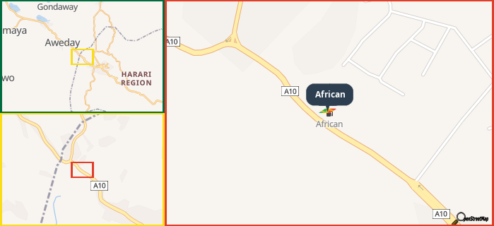 Map showing the address of African in three different zoom levels.
