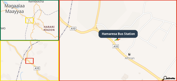 Map showing the address of Hamaresa Bus Station in three different zoom levels.