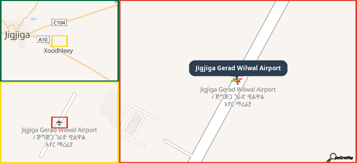 Map showing the address of Jigjiga Gerad Wilwal Airport in three different zoom levels.
