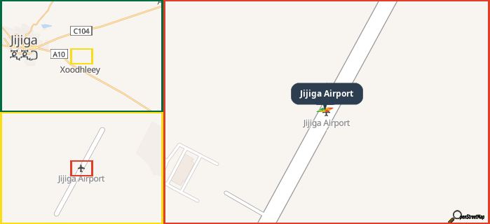 Map showing the address of Jijiga Airport in three different zoom levels.