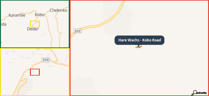 Map showing the address of Hare Wachs - Kobo Road in three different zoom levels.