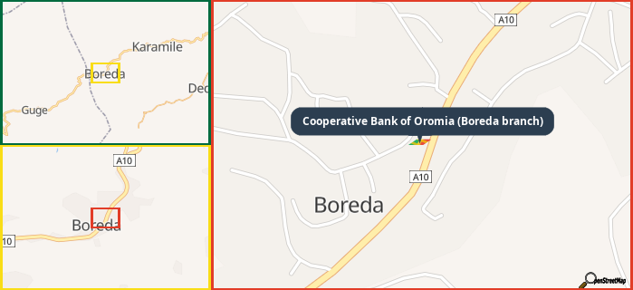 Map showing the address of Cooperative Bank of Oromia (Boreda branch) in three different zoom levels.