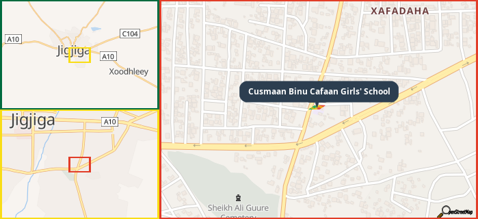 Map showing the address of Cusmaan Binu Cafaan Girls' School in three different zoom levels.