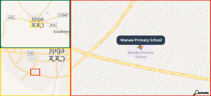Map showing the address of Wanaw Primary School in three different zoom levels.
