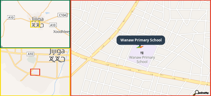 Map showing the address of Wanaw Primary School in three different zoom levels.
