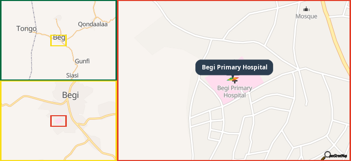 Map showing the address of Begi Primary Hospital in three different zoom levels.