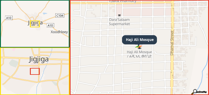 Map showing the address of Haji Ali Mosque in three different zoom levels.