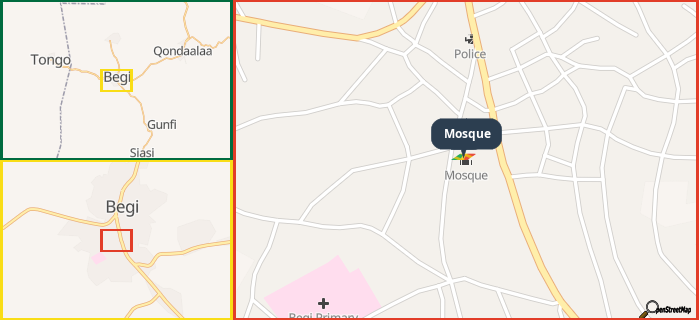 Map showing the address of Mosque in three different zoom levels.