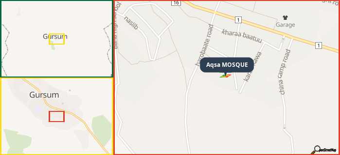 Map showing the address of Aqsa MOSQUE in three different zoom levels.