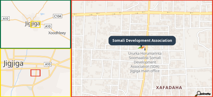 Map showing the address of Somali Development Association in three different zoom levels.