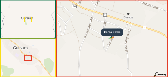 Map showing the address of karaa Kawa in three different zoom levels.