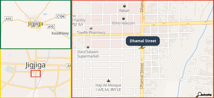 Map showing the address of Dhamal Street in three different zoom levels.