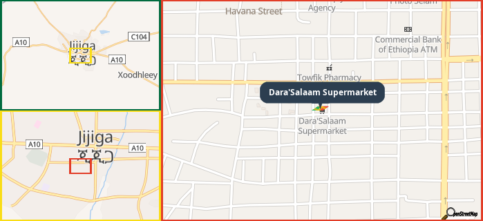 Map showing the address of Dara'Salaam Supermarket  in three different zoom levels.