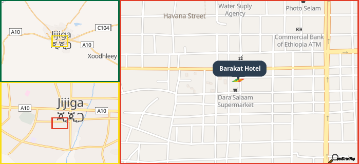 Map showing the address of Barakat Hotel in three different zoom levels.