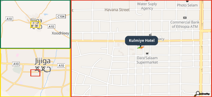Map showing the address of Kulmiye Hotel in three different zoom levels.