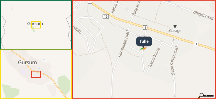 Map showing the address of fulle in three different zoom levels.