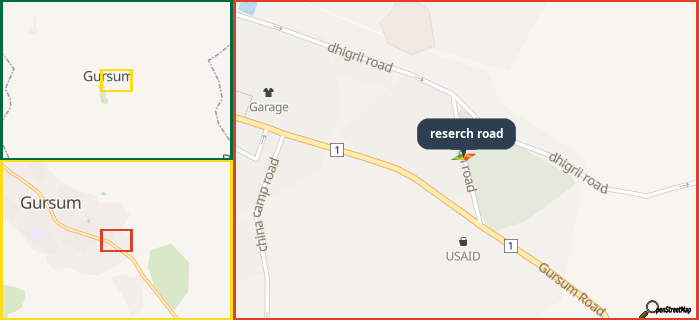Map showing the address of reserch road in three different zoom levels.