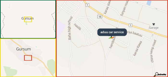 Map showing the address of aduu car service in three different zoom levels.