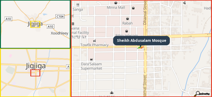 Map showing the address of Sheikh Abdusalam Mosque in three different zoom levels.