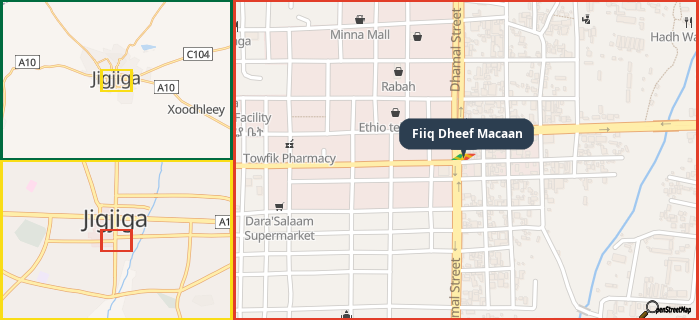 Map showing the address of Fiiq Dheef Macaan in three different zoom levels.