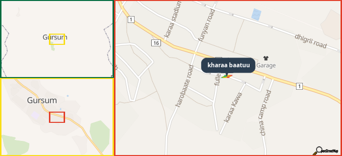 Map showing the address of kharaa baatuu in three different zoom levels.