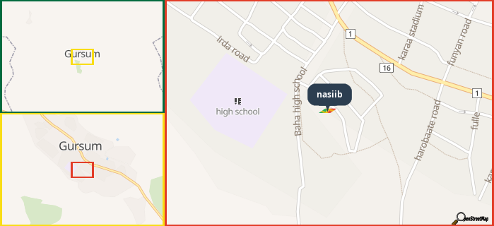 Map showing the address of nasiib in three different zoom levels.