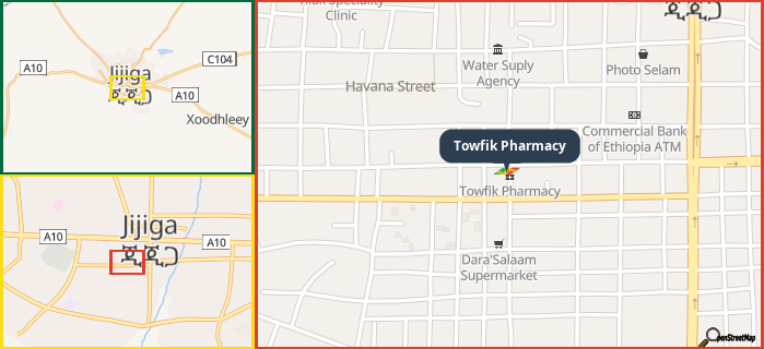 Map showing the address of Towfik Pharmacy in three different zoom levels.