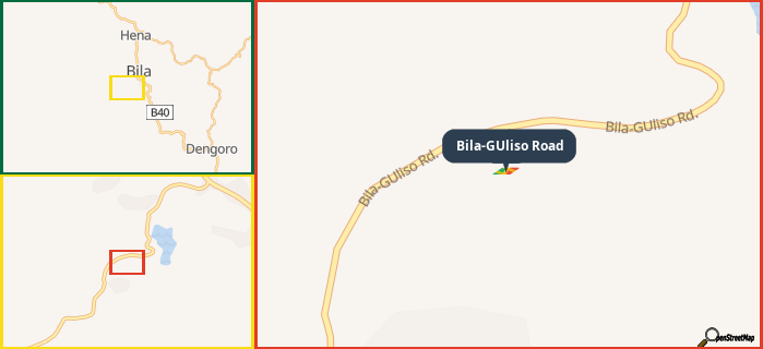 Map showing the address of Bila-GUliso Road in three different zoom levels.
