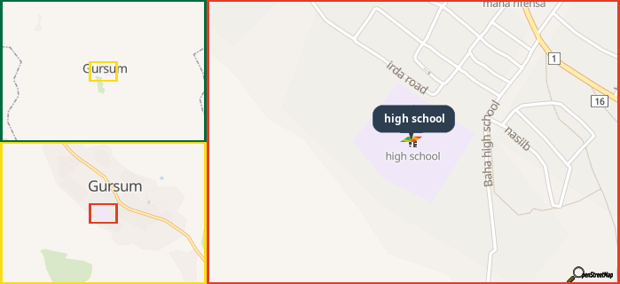 Map showing the address of high school in three different zoom levels.