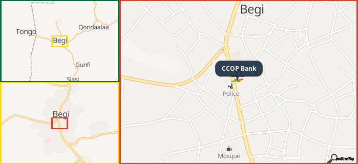 Map showing the address of CCOP Bank in three different zoom levels.