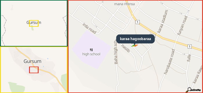 Map showing the address of karaa hagoobaraa in three different zoom levels.