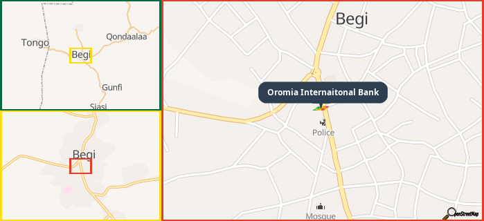 Map showing the address of Oromia Internaitonal Bank in three different zoom levels.