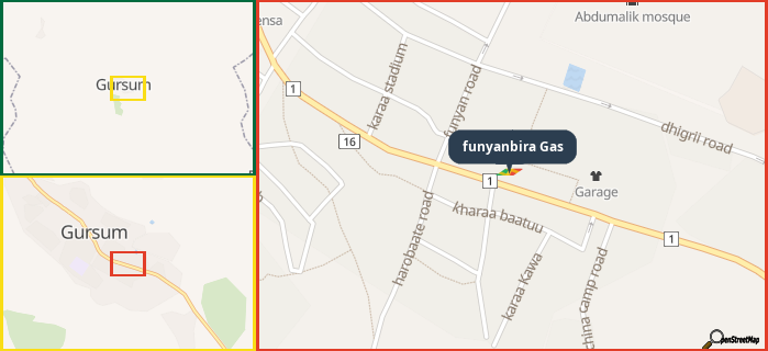 Map showing the address of funyanbira Gas in three different zoom levels.