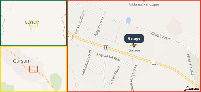 Map showing the address of Garage in three different zoom levels.
