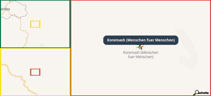 Map showing the address of Koremash (Menschen fuer Menschen) in three different zoom levels.