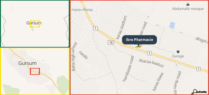 Map showing the address of ibro Pharmacie in three different zoom levels.