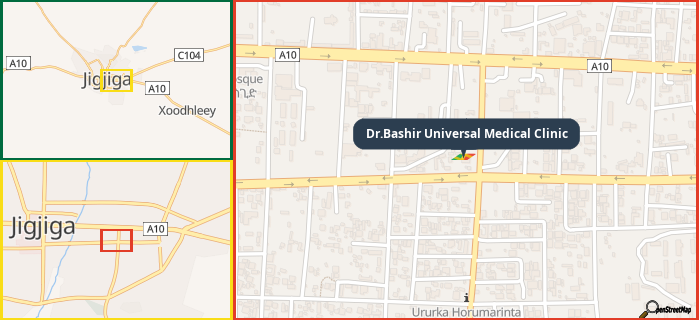 Map showing the address of Dr.Bashir Universal Medical Clinic in three different zoom levels.
