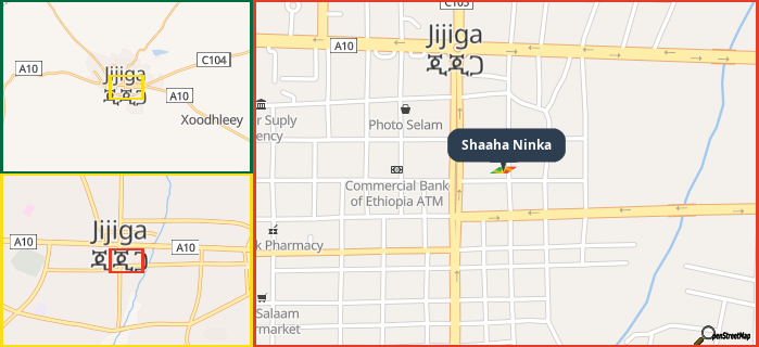 Map showing the address of Shaaha Ninka in three different zoom levels.