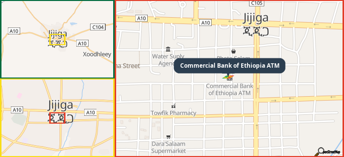 Map showing the address of Commercial Bank of Ethiopia ATM in three different zoom levels.