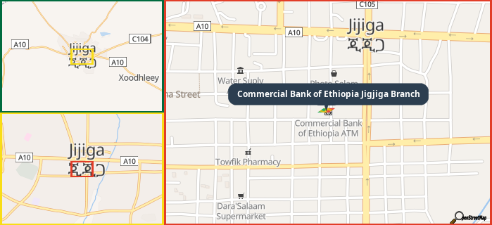 Map showing the address of Commercial Bank of Ethiopia Jigjiga Branch in three different zoom levels.