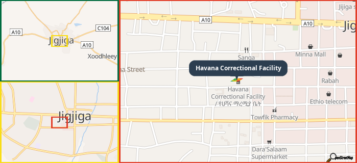Map showing the address of Havana Correctional Facility in three different zoom levels.