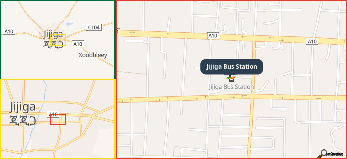 Map showing the address of Jijiga Bus Station in three different zoom levels.