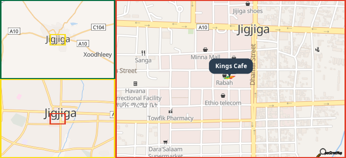 Map showing the address of Kings Cafe in three different zoom levels.