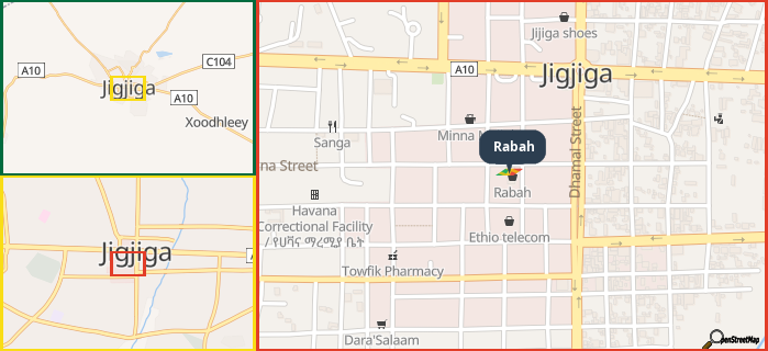 Map showing the address of Rabah in three different zoom levels.