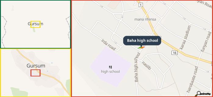 Map showing the address of Baha high school in three different zoom levels.