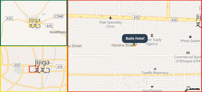Map showing the address of Bade Hotel in three different zoom levels.