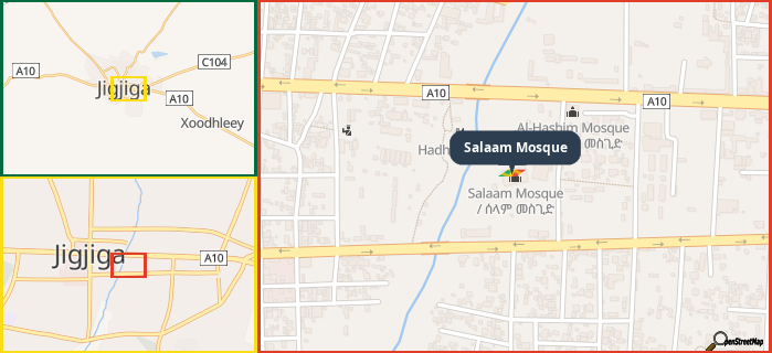 Map showing the address of Salaam Mosque in three different zoom levels.