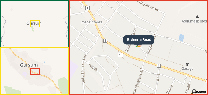 Map showing the address of Bideena Road in three different zoom levels.