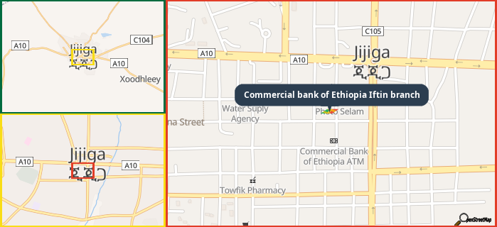 Map showing the address of Commercial bank of Ethiopia Iftin branch in three different zoom levels.