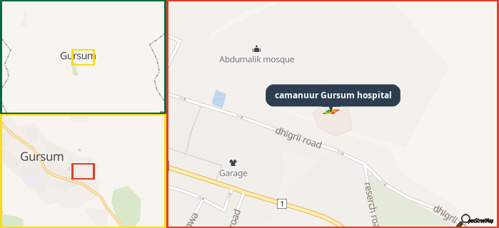 Map showing the address of camanuur Gursum hospital in three different zoom levels.